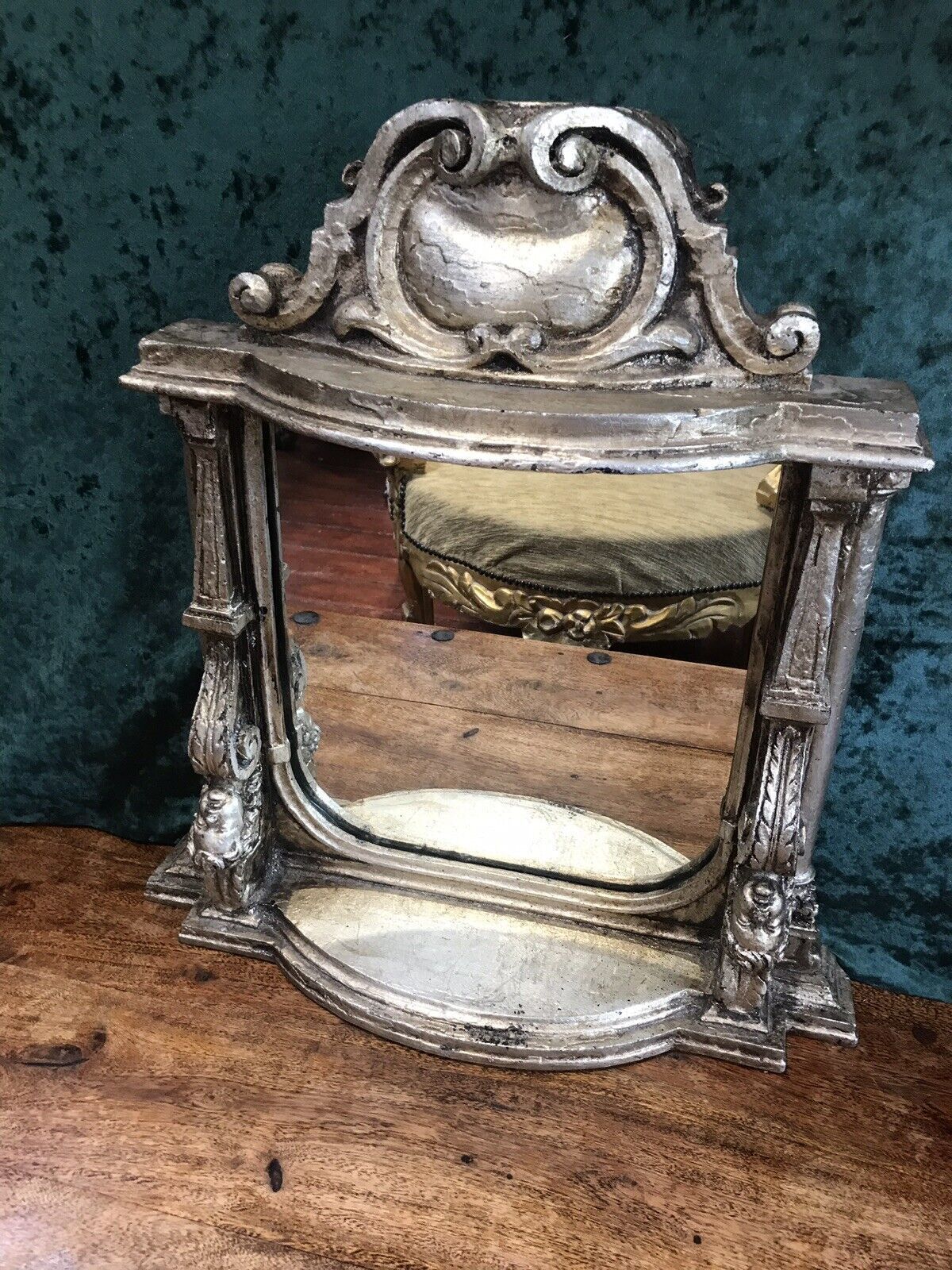 photo for sale Italian Reproduction Silver Serpentine Shaped Cherub Pier Glass Mirror