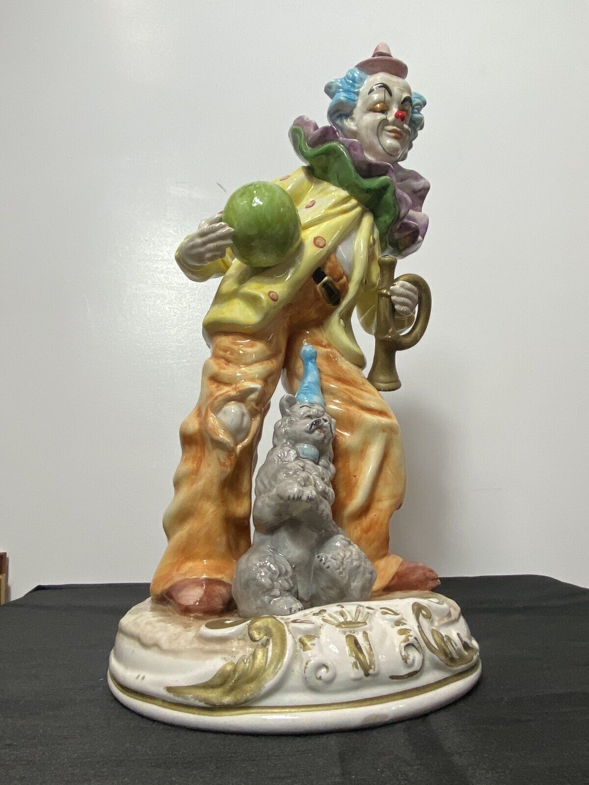 Magnificent Large Capodimonte Bright Glazed Clown Figurine With Dog Companion photo furniture