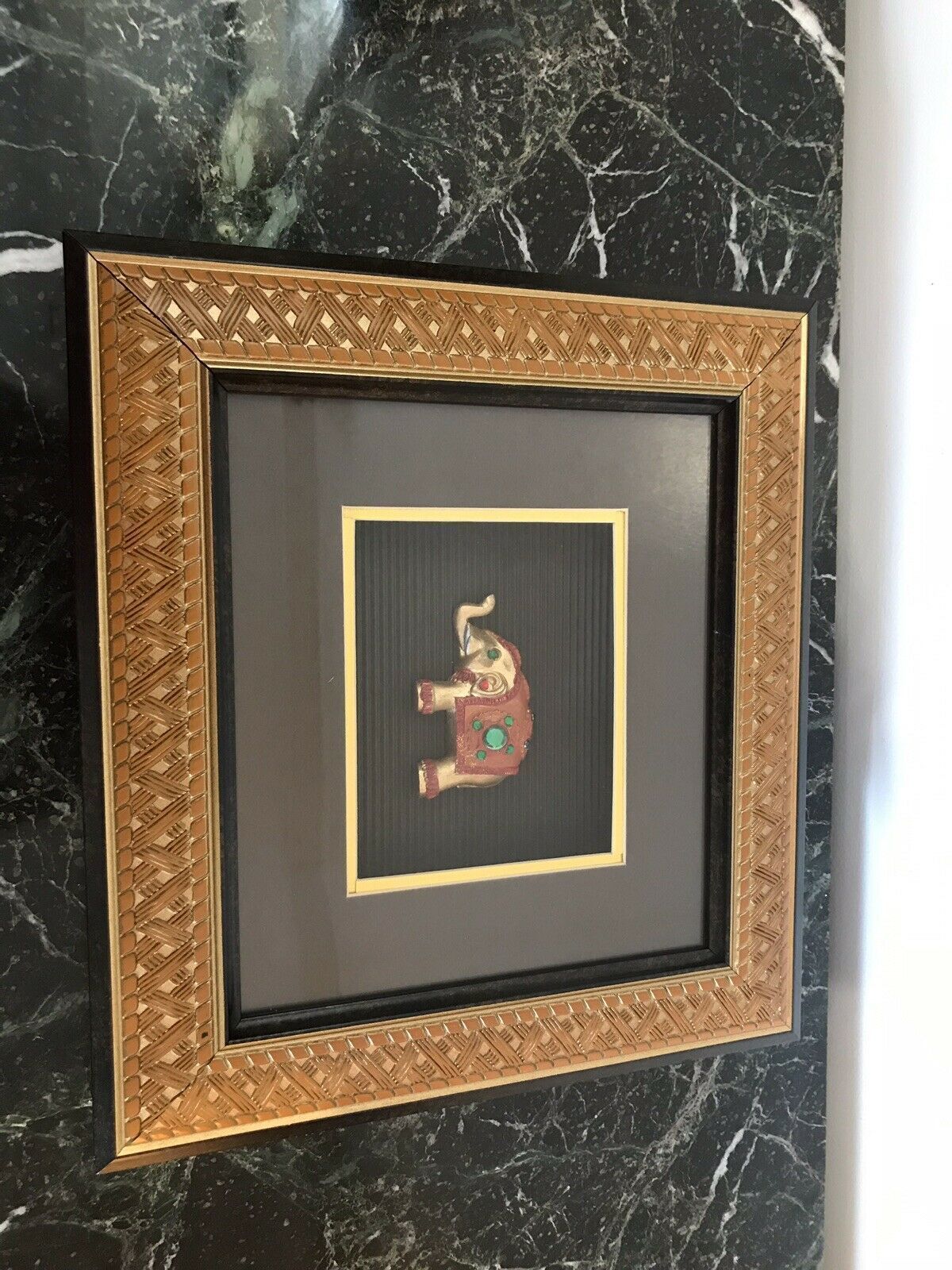 Indian Minature Carved Elephant In A Carved Guilt Picture Frame photo Art