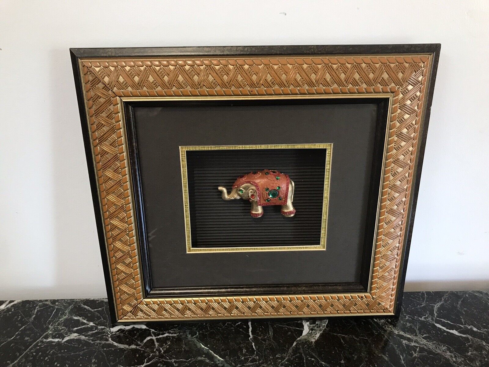 Indian Minature Carved Elephant In A Carved Guilt Picture Frame photo 80.0