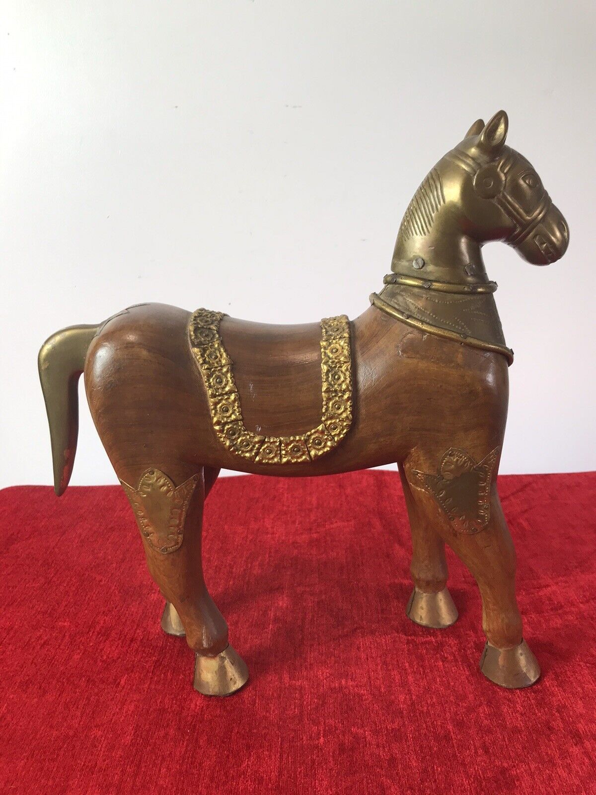 Vintage Carved Wooden Sculpture Of Trojan Horse Of Troy With Brass Details photo 185.0