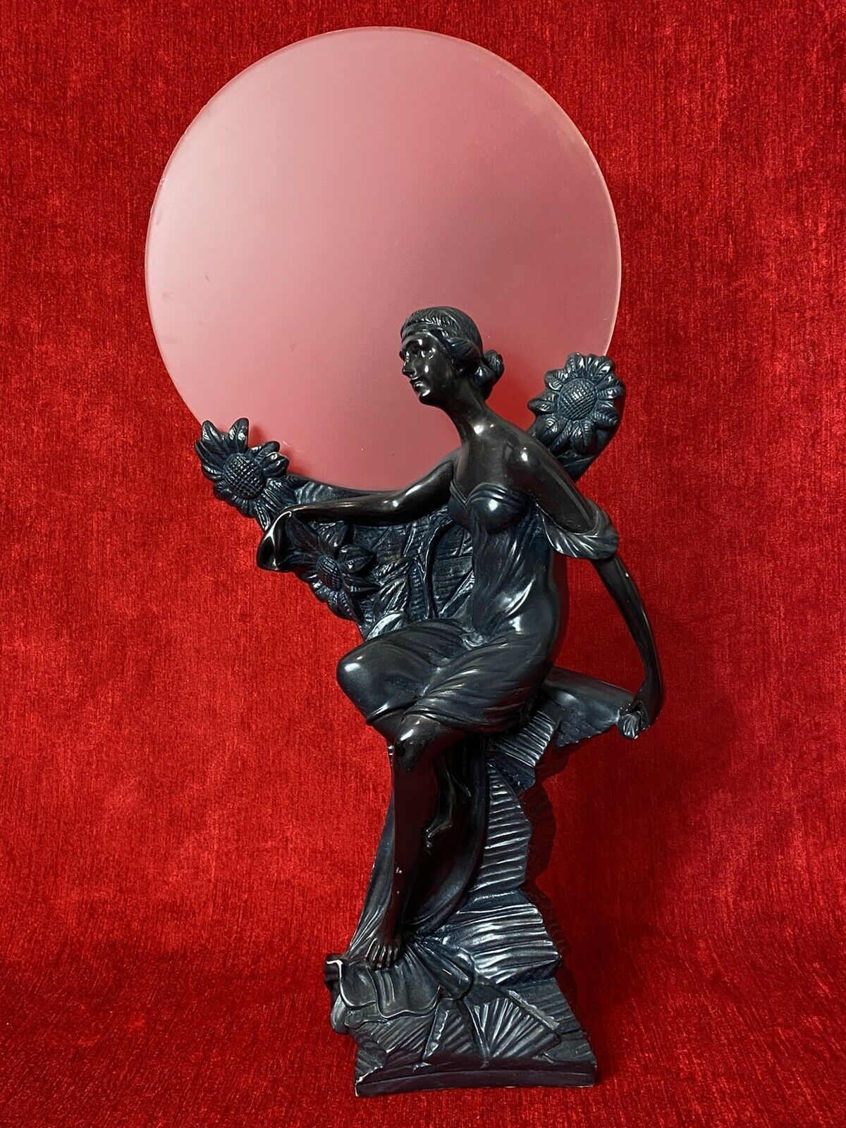Art Nouveau Figurative Sculpture Of Female & Sunflowers With Frosted Sphere photo for sale