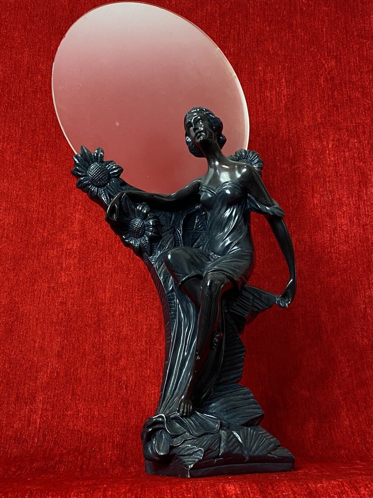 Art Nouveau Figurative Sculpture Of Female & Sunflowers With Frosted Sphere photo Home Decor