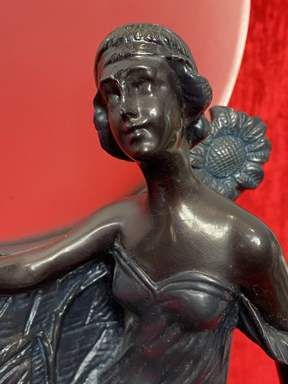 Art Nouveau Figurative Sculpture Of Female & Sunflowers With Frosted Sphere photo buy