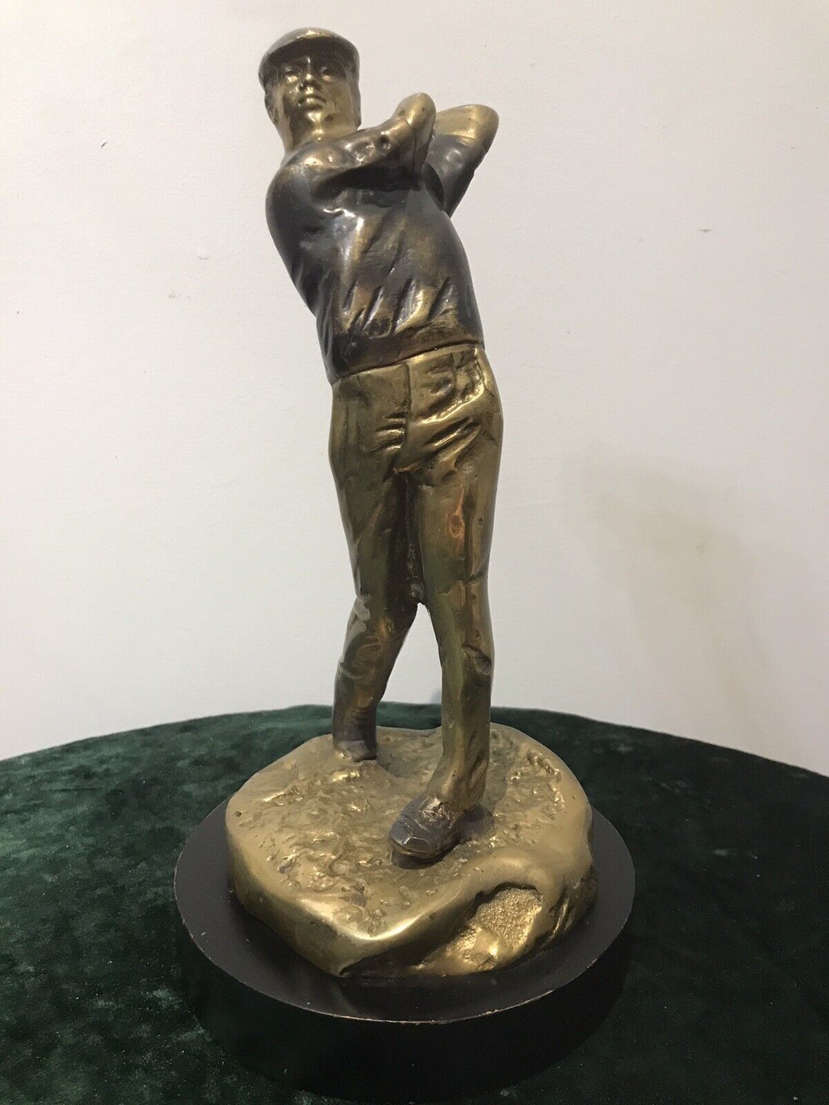 Bronze Statue Of A Golfer On Wooden Plinth photo vintage