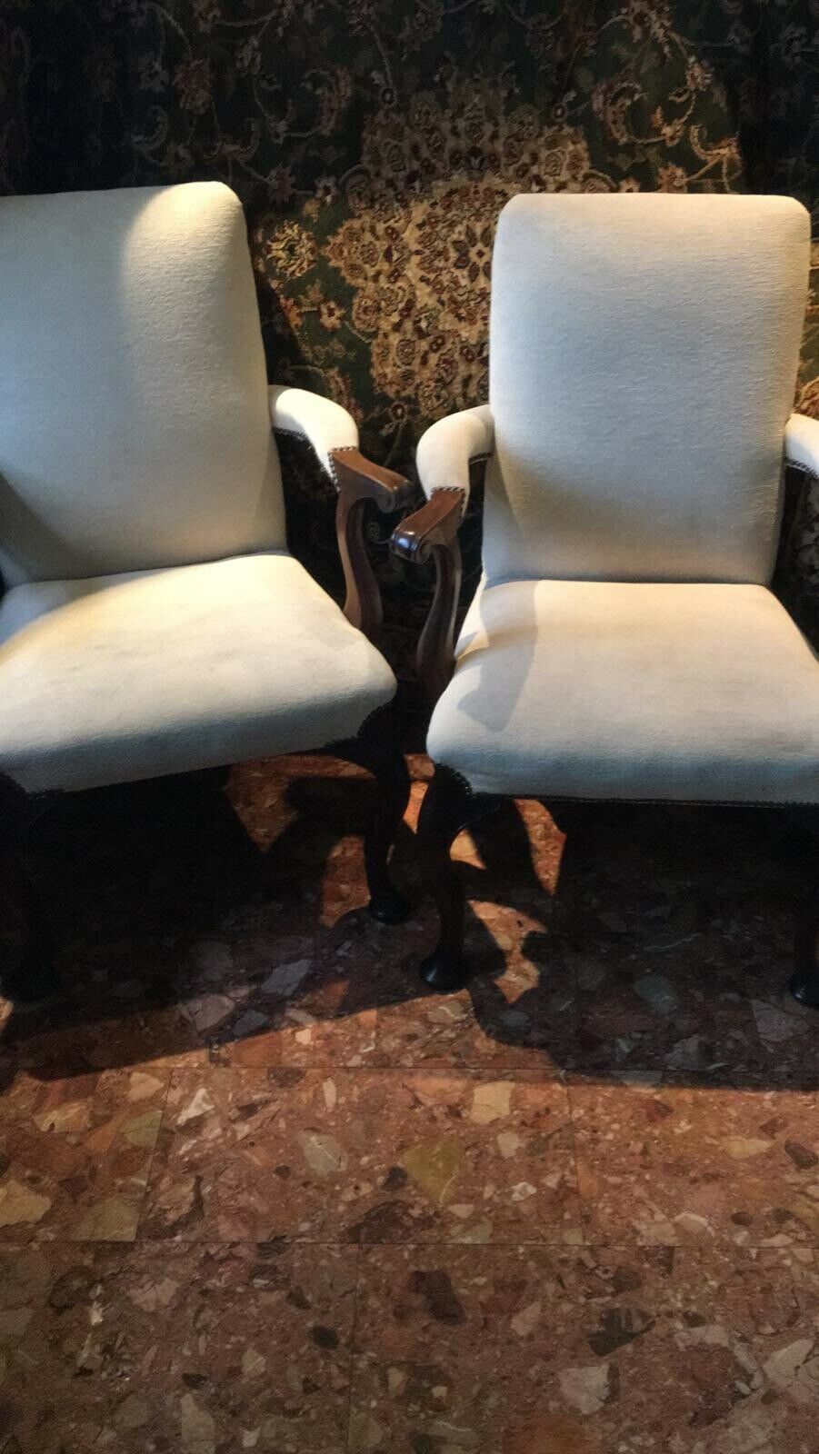 Fine Pair Of Mahogany George II Style Brass Studded High Back Elbow Chairs