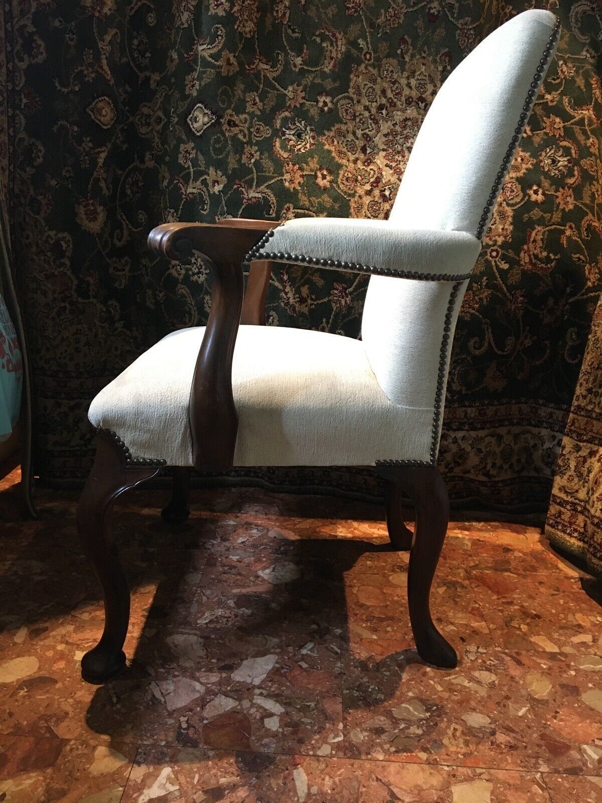 Fine Pair Of Mahogany George II Style Brass Studded High Back Elbow Chairs photo for sale