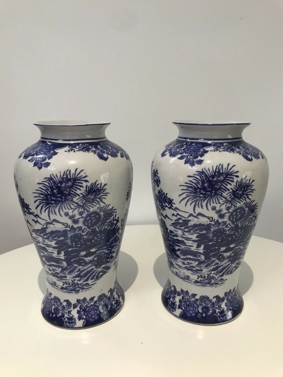 Pair Of Fine Landscape Oriental Pictorial Scene Porcelain Glazed Vases photo furniture