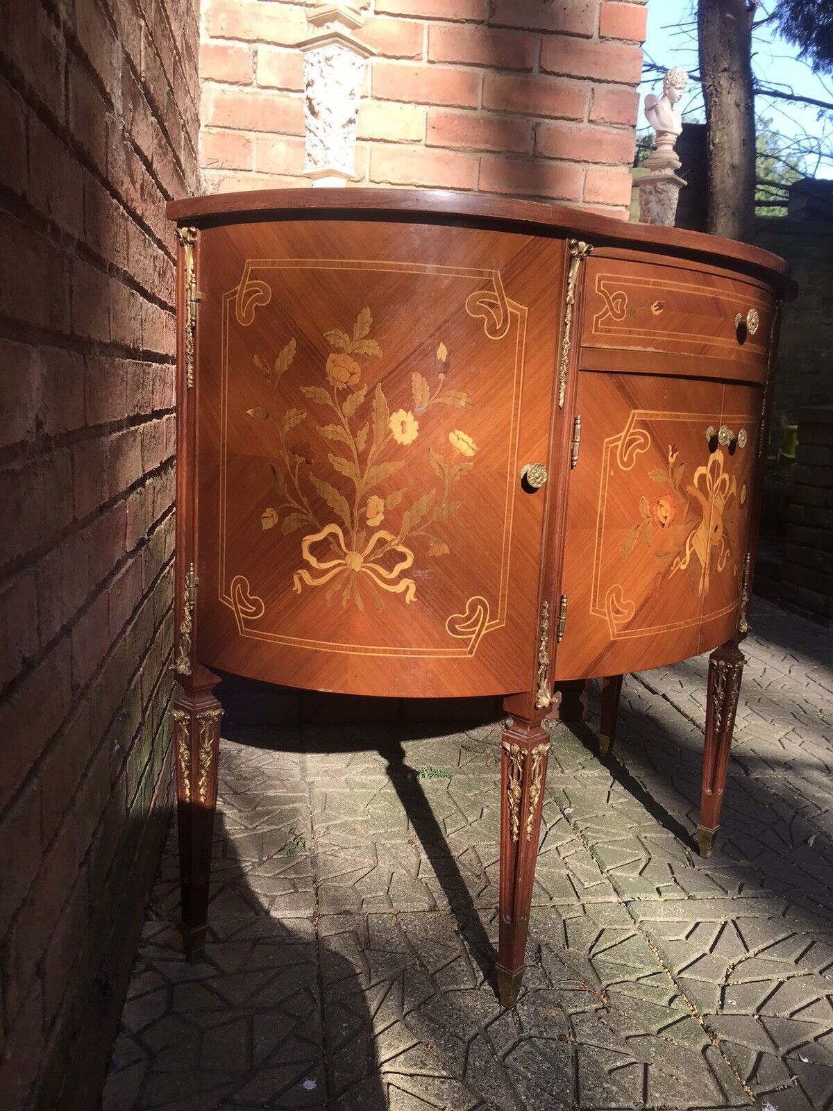 Italianate Marquetry Bow Front Commode With Romantic Floral Bouquet Inlays photo for sale