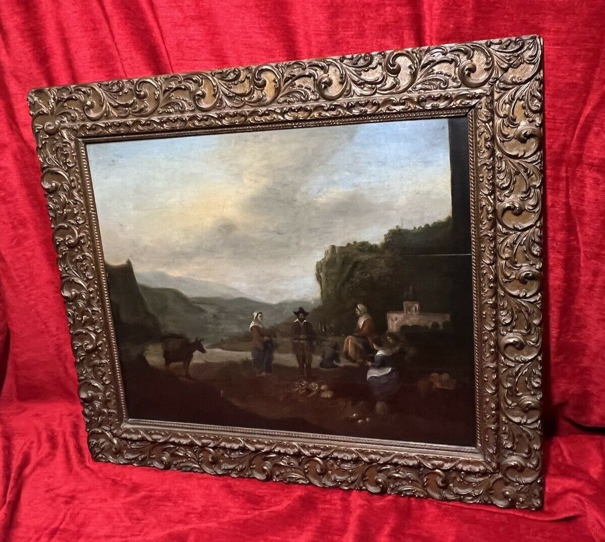 Dutch 18th Century Old Master Oil Painting 'Peasant Figures In Castle Landscape' photo for sale