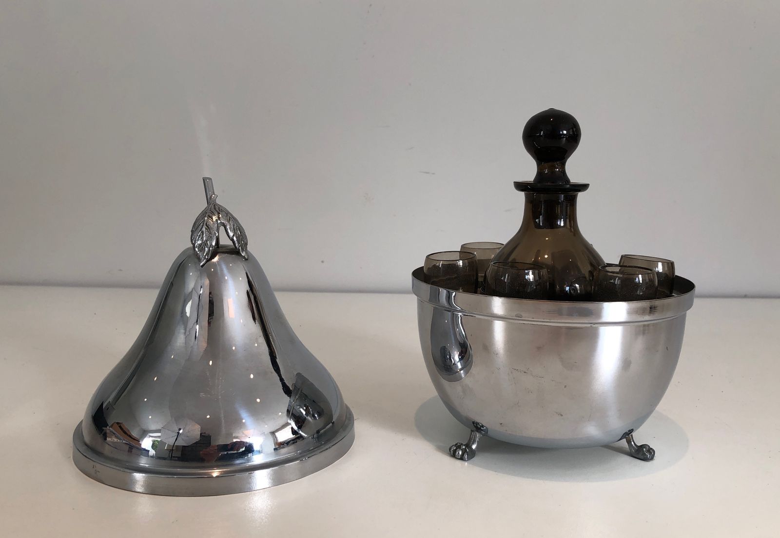 Pear Shaped Liquor Cellar In Silver Metal And Smoked Glass. French Work. Around 1970 photo Home Decor