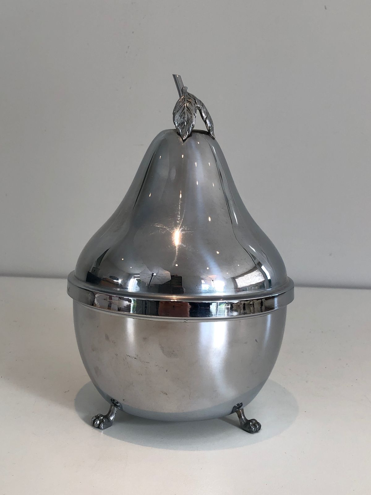 photo vinterior Pear Shaped Liquor Cellar In Silver Metal And Smoked Glass. French Work. Around 1970