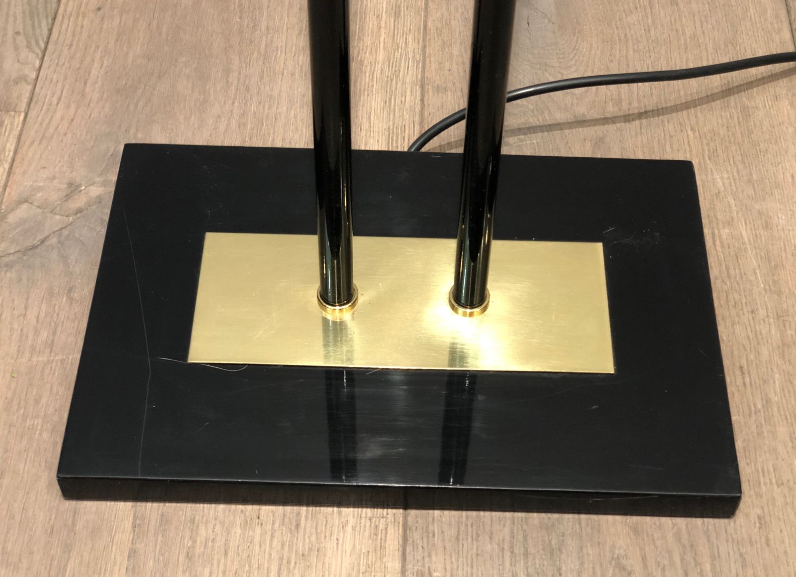 photo for sale Halogen Parquet Floor Lamp In Black Lacquered Metal And Brass. French Work. Around 1970