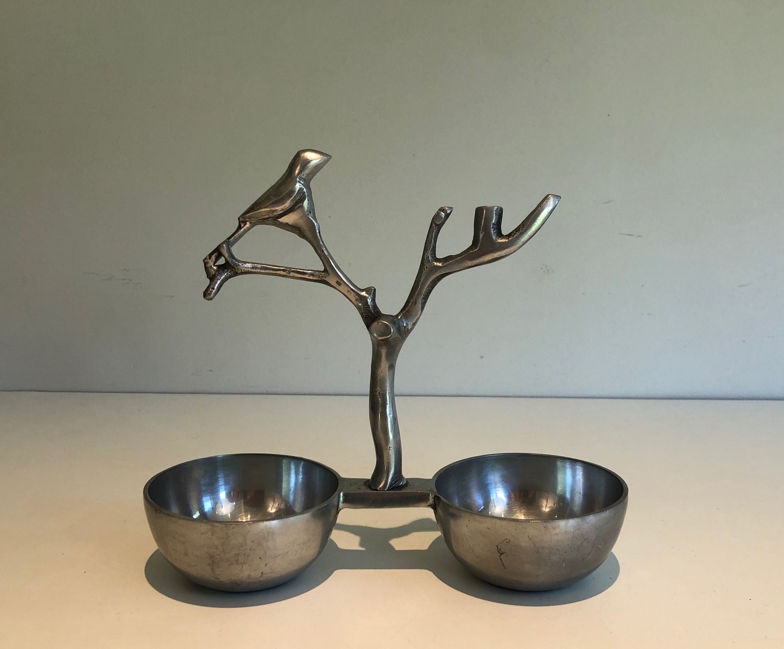 Suite Of 3 Aluminum Serving Pieces Decorated With Birds And Branches photo for sale