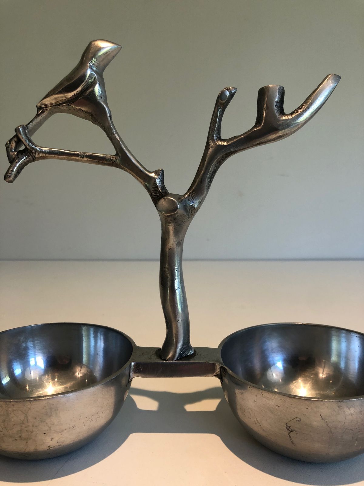 Suite Of 3 Aluminum Serving Pieces Decorated With Birds And Branches photo vinterior
