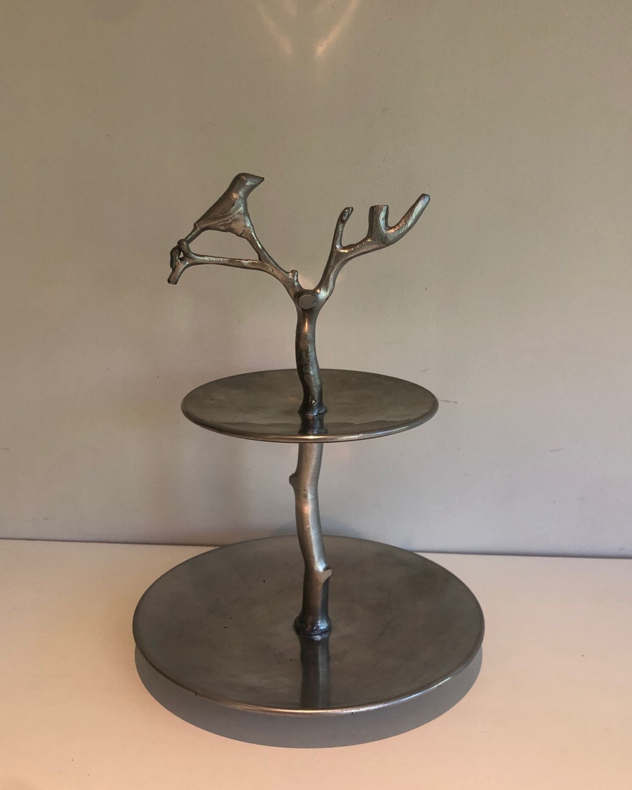 Suite Of 3 Aluminum Serving Pieces Decorated With Birds And Branches photo buy