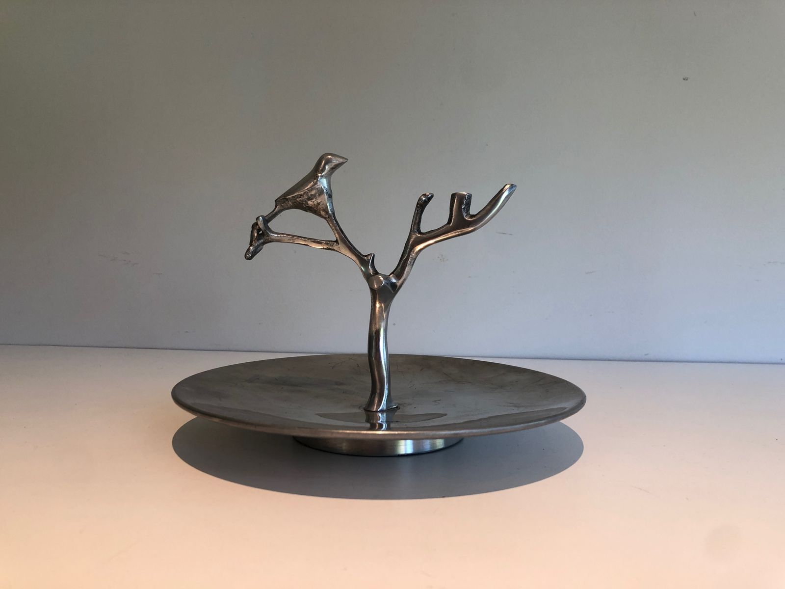photo for sale Suite Of 3 Aluminum Serving Pieces Decorated With Birds And Branches