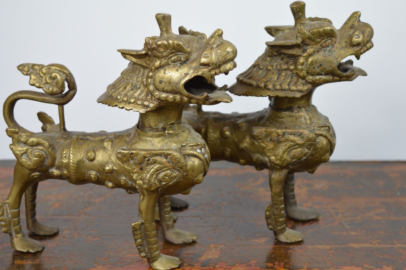 Pair Tibetan Gilt Bronze Temple Lions, C1920 photo Art