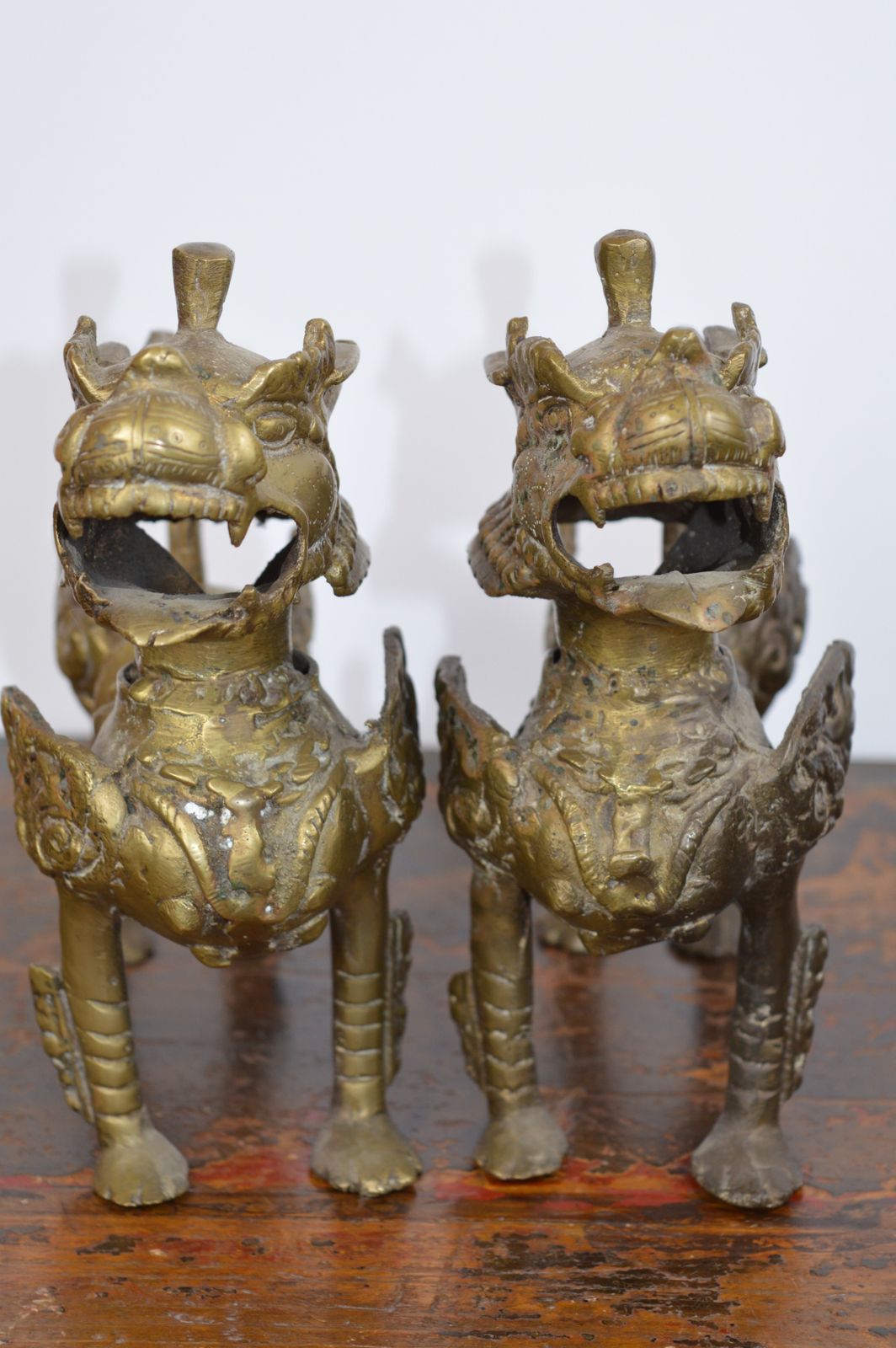 Pair Tibetan Gilt Bronze Temple Lions, C1920 photo 495.0