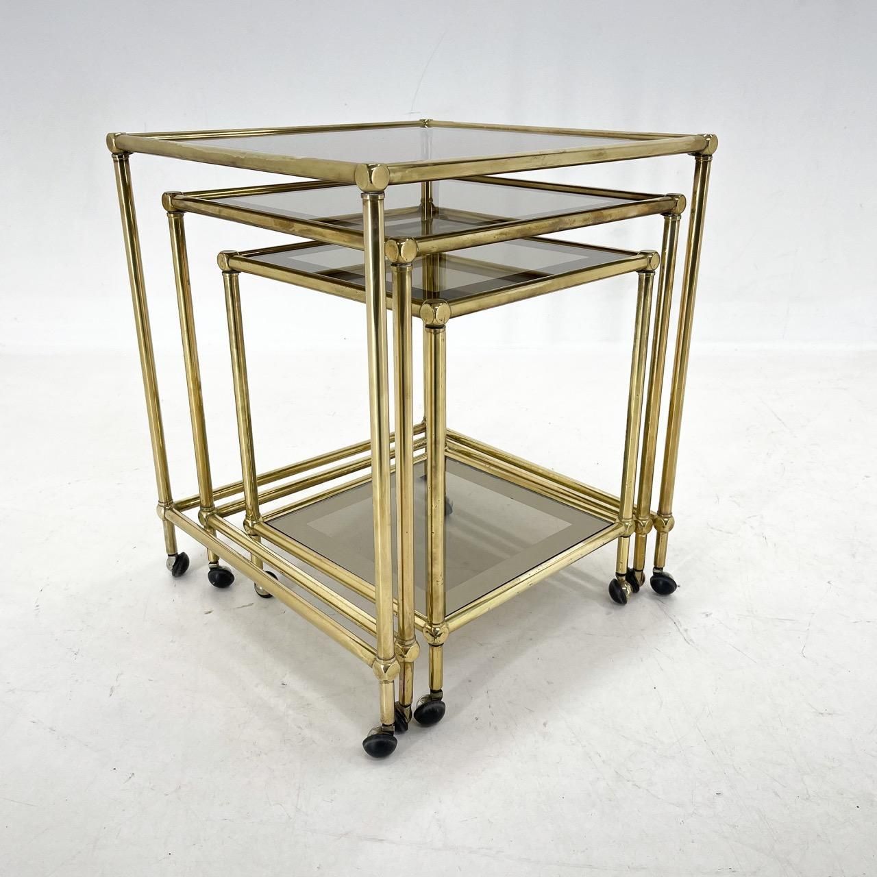 1970's Italian Brass & Smoked Glass Nesting Tables photo furniture