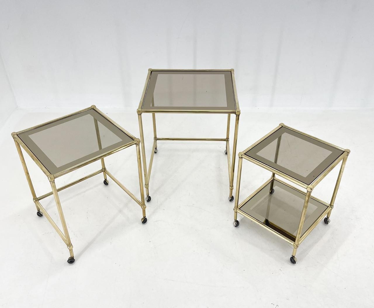 1970's Italian Brass & Smoked Glass Nesting Tables photo Furniture