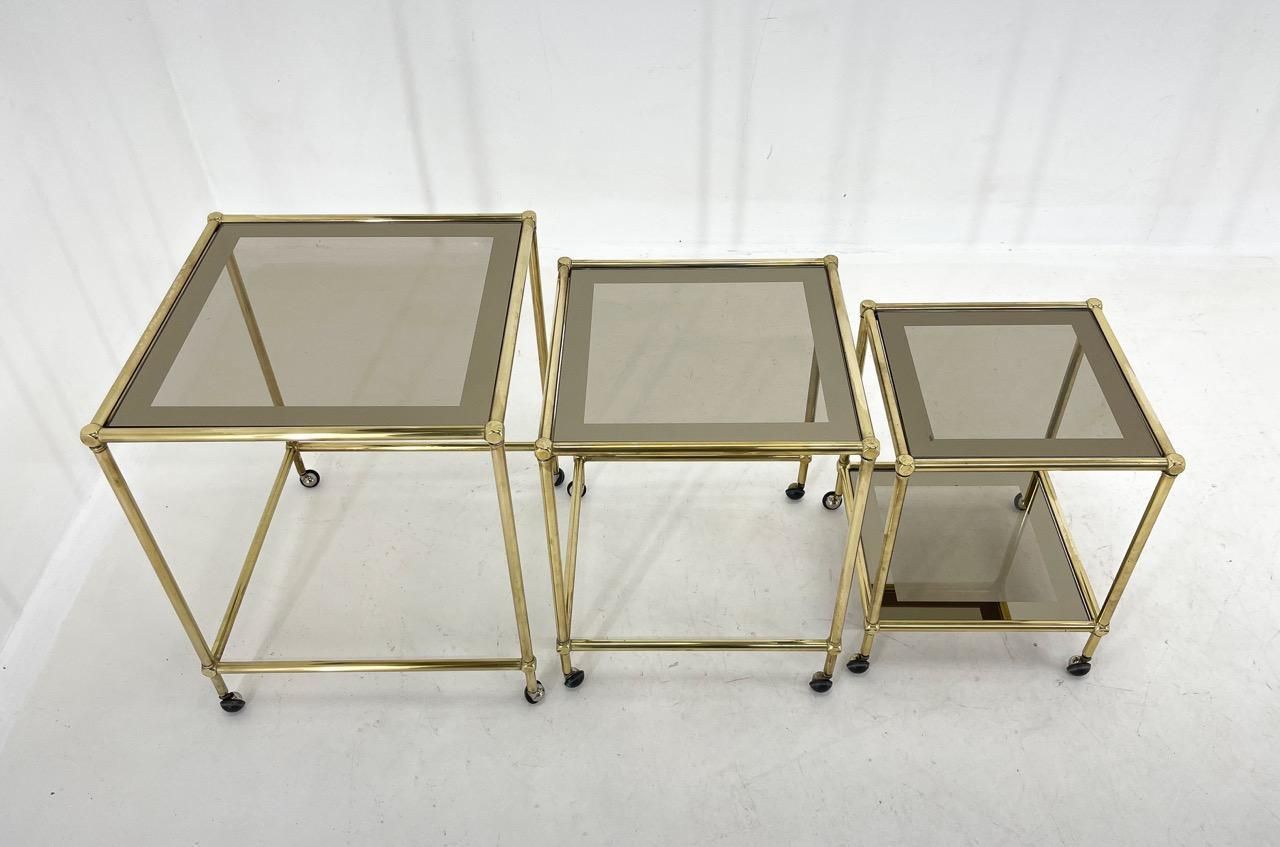photo for sale 1970's Italian Brass & Smoked Glass Nesting Tables
