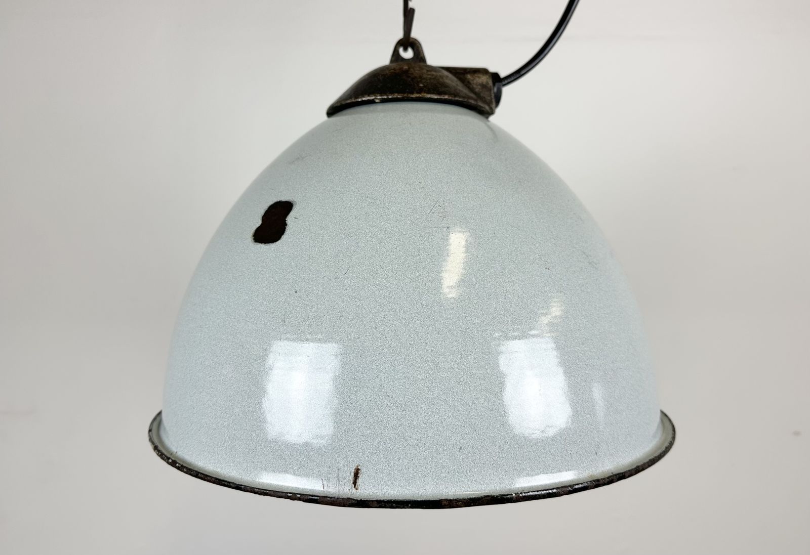 Industrial Grey Enamel Factory Lamp With Cast Iron Top, 1960s, 3x photo Lighting