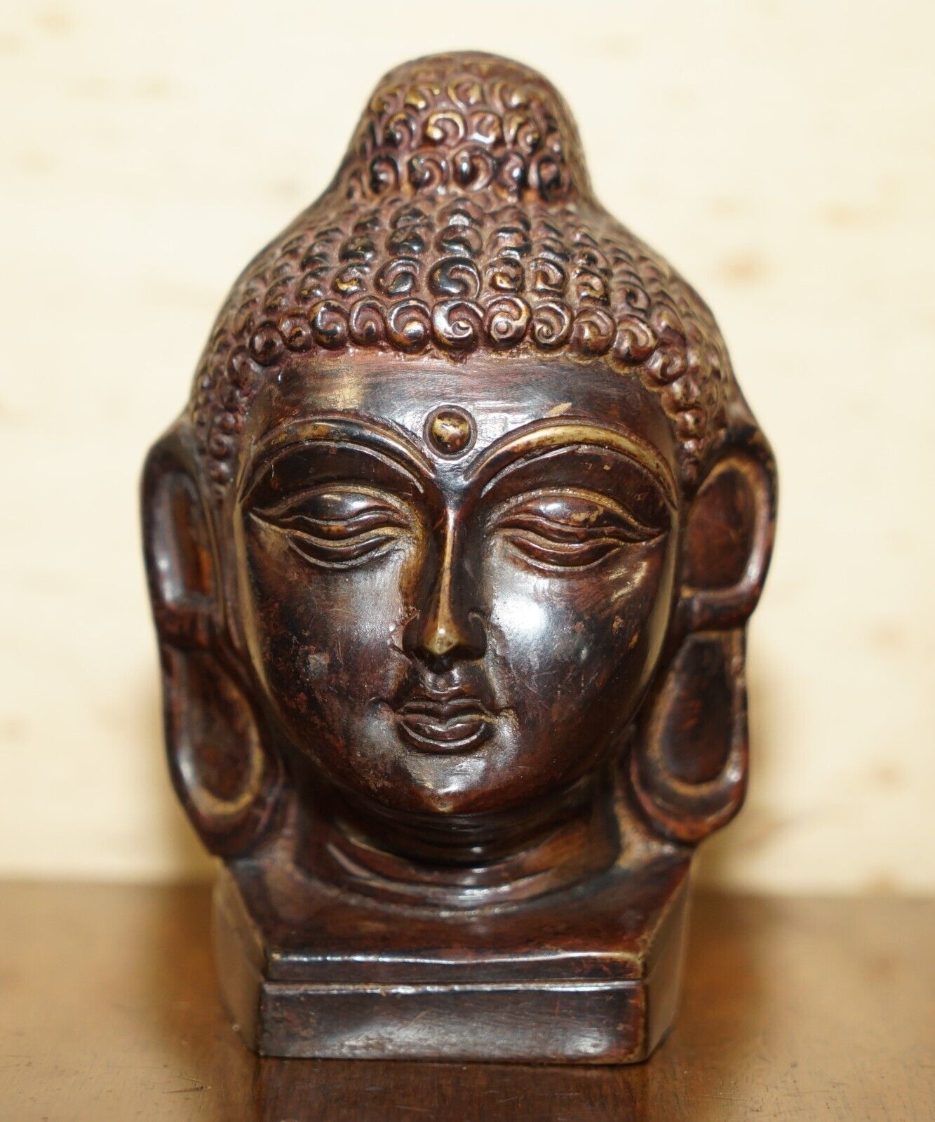 photo for sale Lovely Pair Of Indonesian Bronzed Buddha Heads Very Decorative Lovely Patina