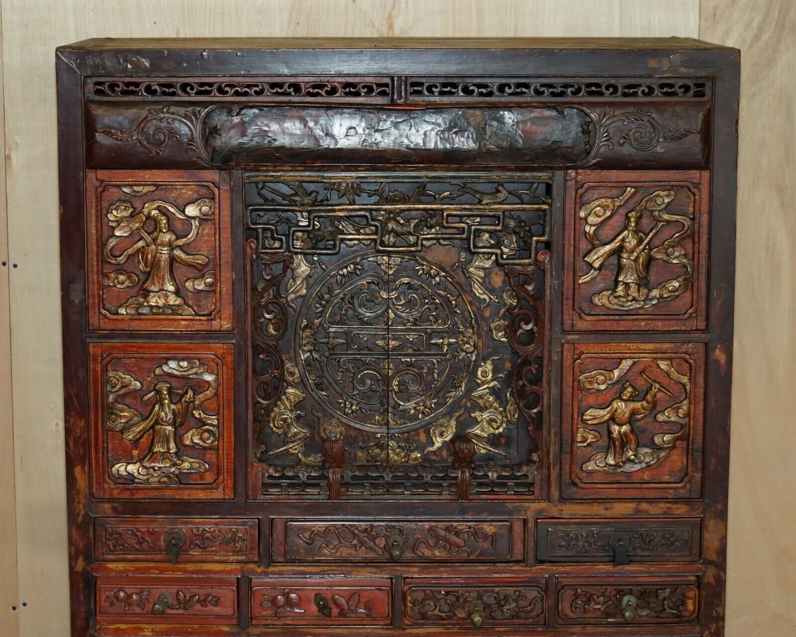 Antique Circa 1860 Chinese Hand Painted Wedding Cabinet Housekeepers Cupboard photo for sale