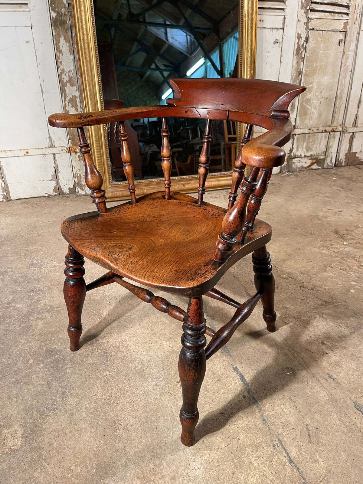 Exceptional Antique English Elm Captains Elbow/Desk Chair With Makers Initials & Original Oxidised Treacle Black/Red Paintwork Circa 1850