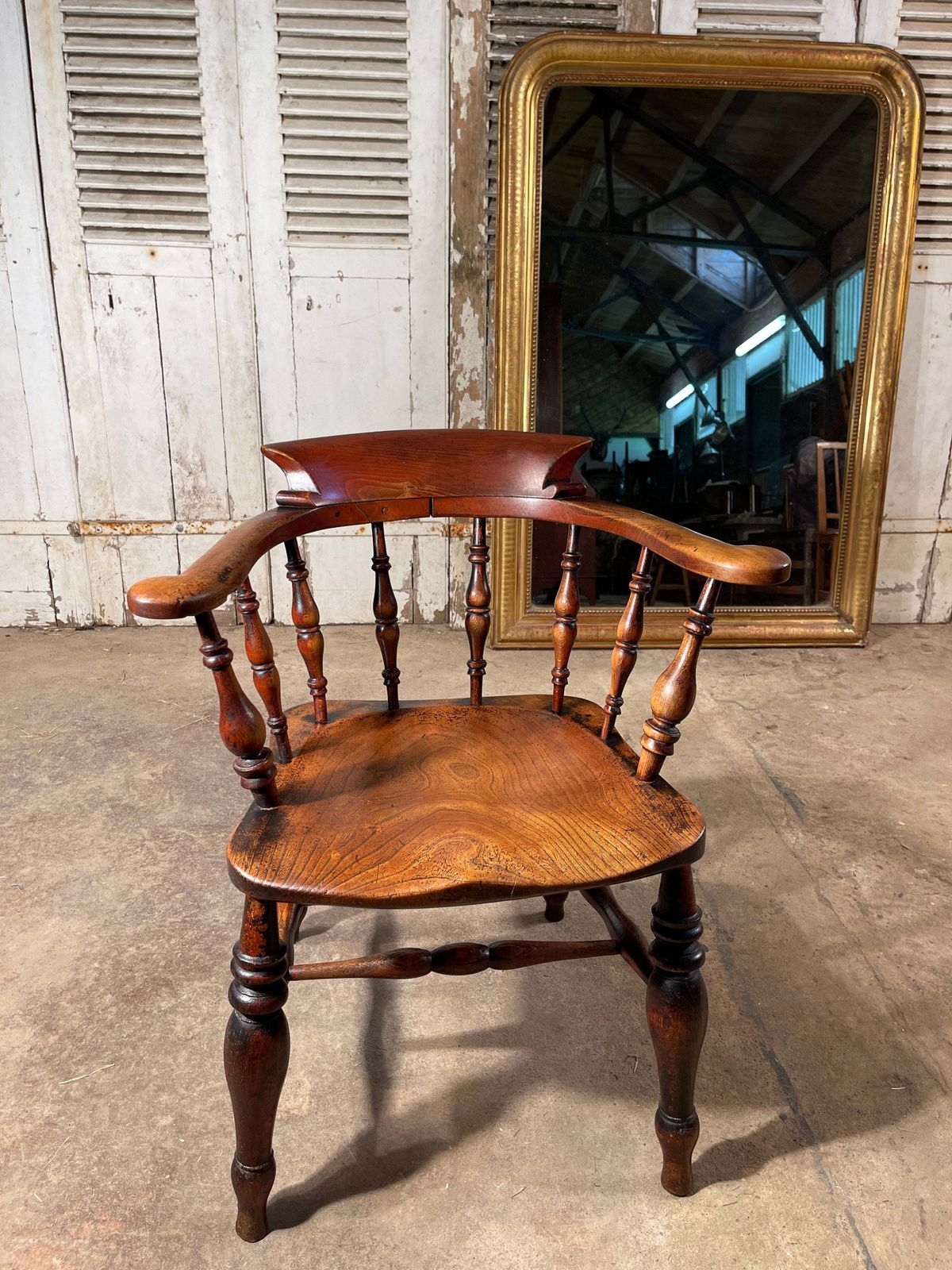 photo for sale Exceptional Antique English Elm Captains Elbow/Desk Chair With Makers Initials & Original Oxidised Treacle Black/Red Paintwork Circa 1850