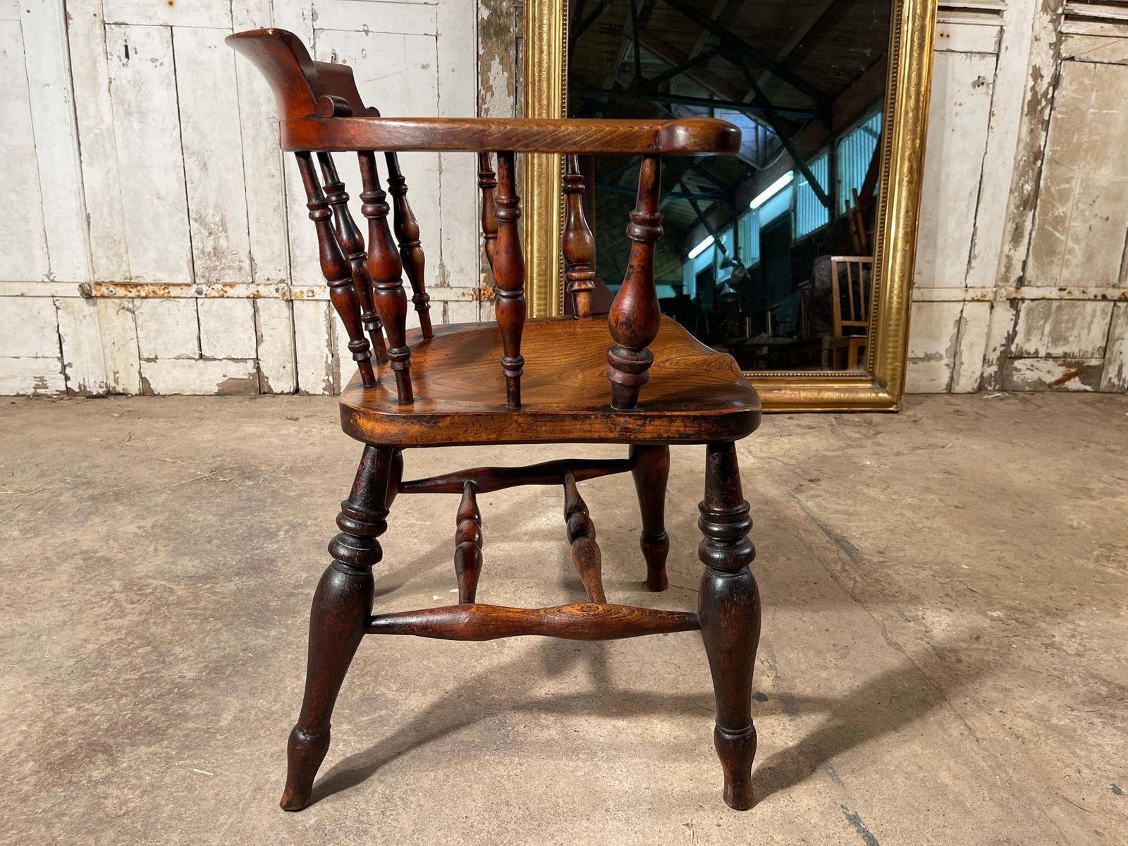 995.0 Exceptional Antique English Elm Captains Elbow/Desk Chair With Makers Initials & Original Oxidised Treacle Black/Red Paintwork Circa 1850 photo