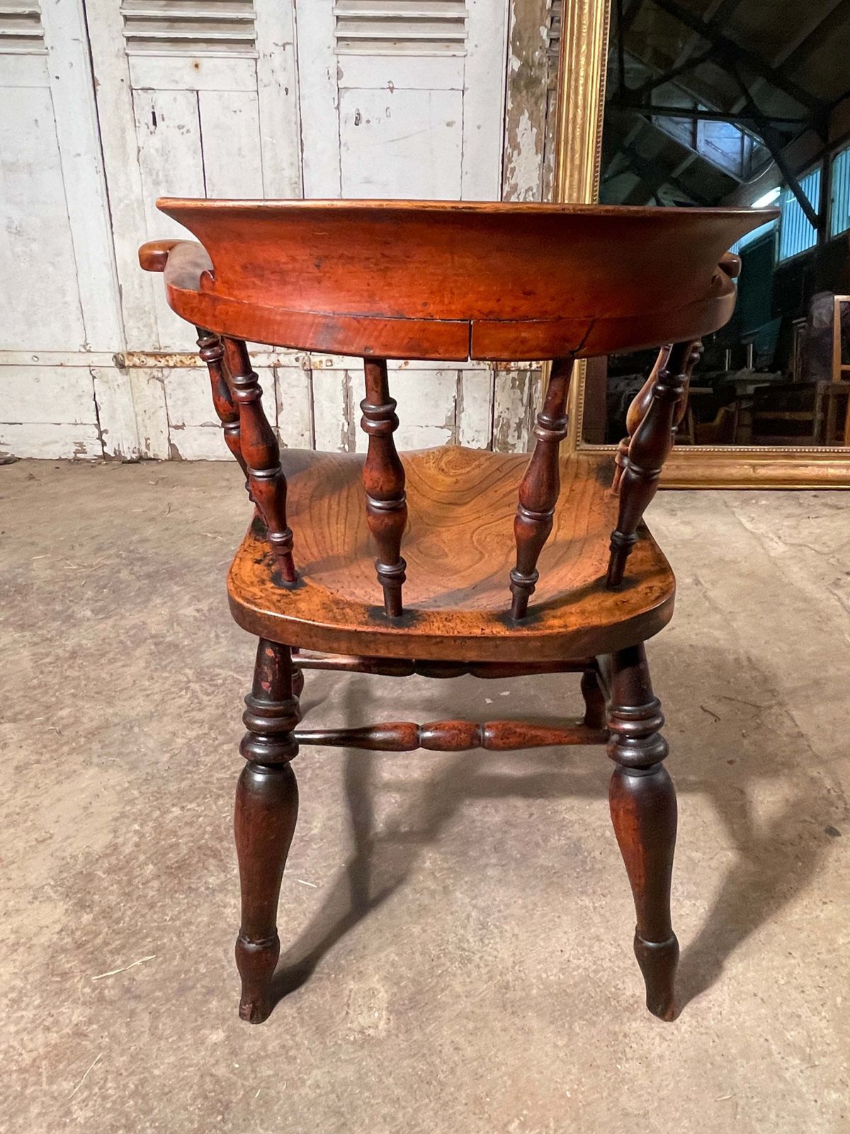 photo vintage Exceptional Antique English Elm Captains Elbow/Desk Chair With Makers Initials & Original Oxidised Treacle Black/Red Paintwork Circa 1850