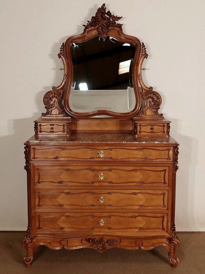Walnut Psyche Chest Of Drawers, Maison Guinand Leglas, Rocaille Style – 1900