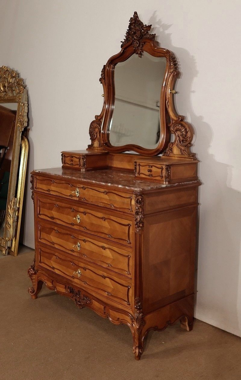 Walnut Psyche Chest Of Drawers, Maison Guinand Leglas, Rocaille Style – 1900 photo for sale