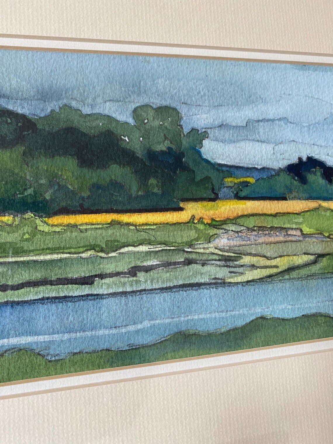1970s Landscape Watercolour Painting In Blues & Greens, Original Vintage Artwork Of Lakeside Woodland Scene Glazed And Framed In Solid Wood photo vinterior