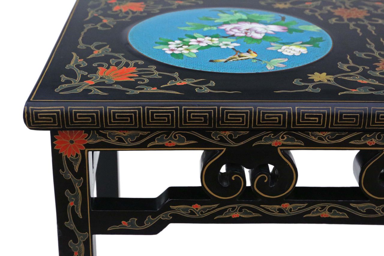 Antique Retro Fine Quality Chinoiserie Chinese Decorated Black Lacquer Coffee Table Cloisonne Panels photo Furniture
