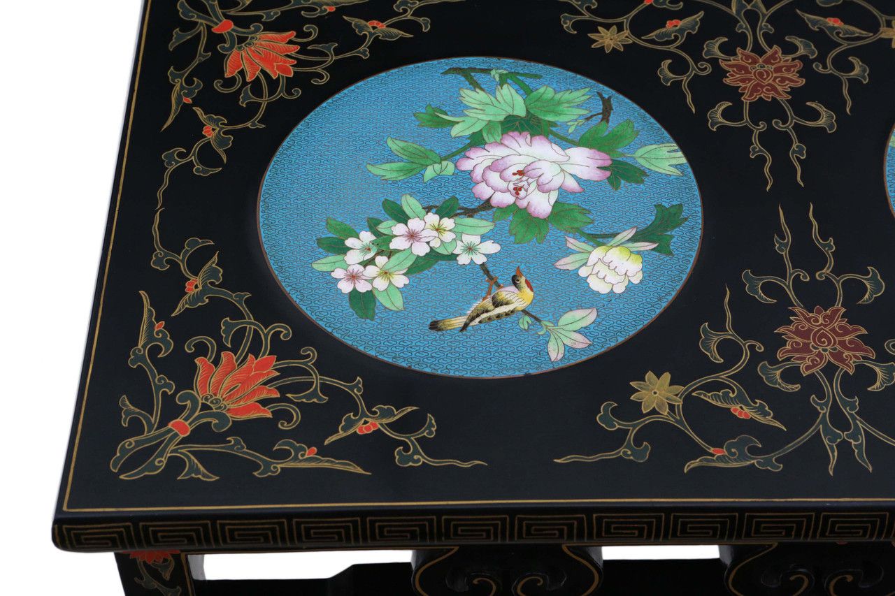 photo furniture Antique Retro Fine Quality Chinoiserie Chinese Decorated Black Lacquer Coffee Table Cloisonne Panels