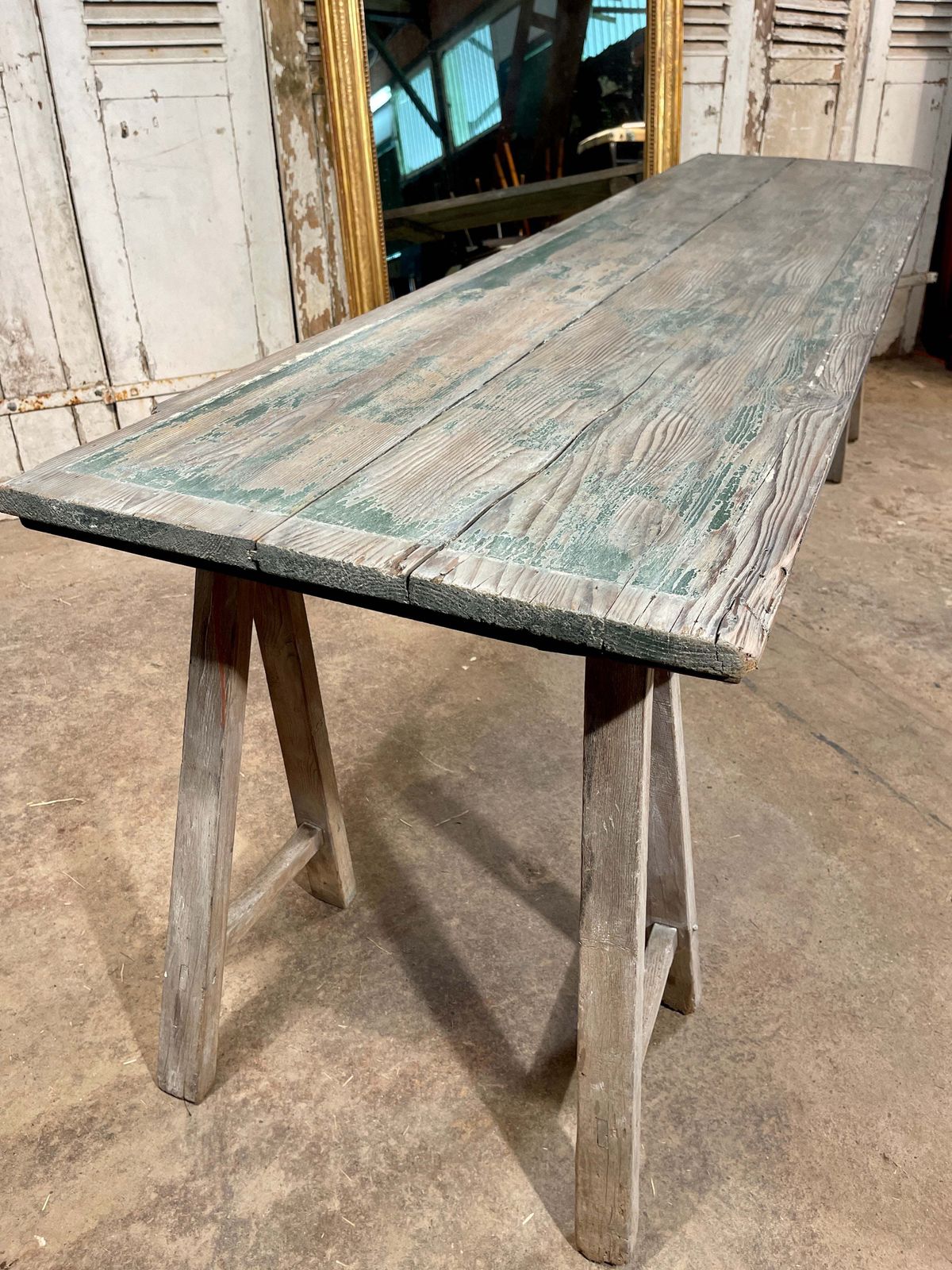 photo vinterior Fabulous Large 2.6 Metre Antique French Limed Oak “A” Frame Provincial Vendange Wine/Tavern Tasting Table Circa 1890