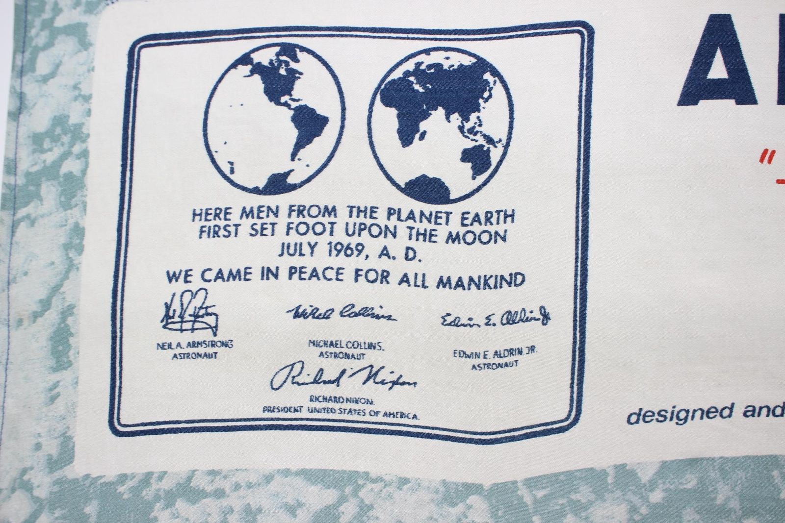 Apollo 11 Fitst On The Moon Texoprint Cloth Fabric Neil Armstrong Nasa Vtg photo vinterior