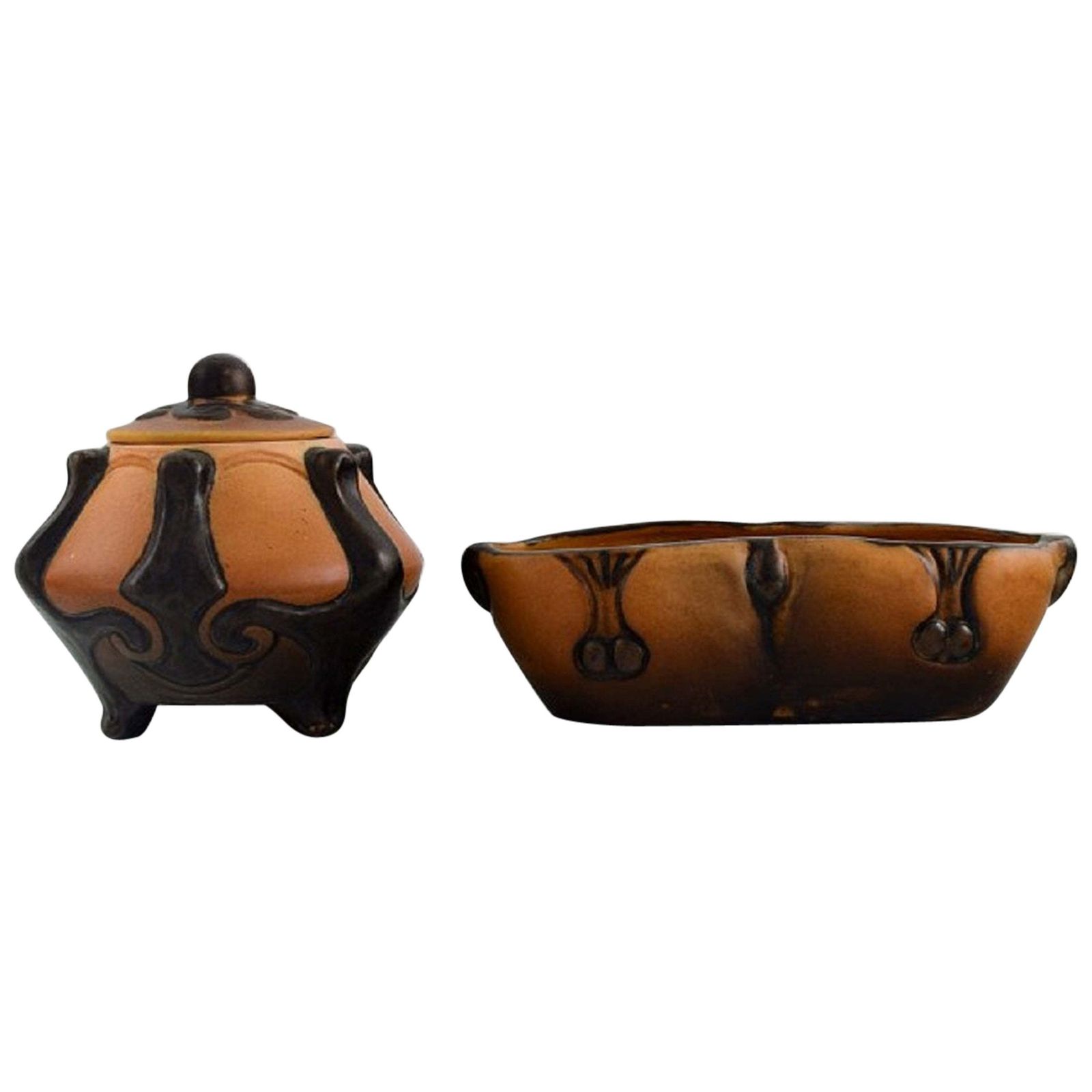 Ipsen's Denmark Art Nouveau Lidded Jar And Bowl In Hand Painted Ceramics