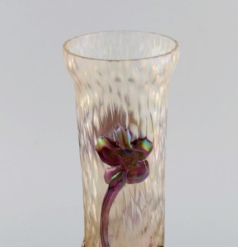 Lötz Art Nouveau Vase In Frosted Mouth Blown Art Glass With Purple Flowers photo 902.0