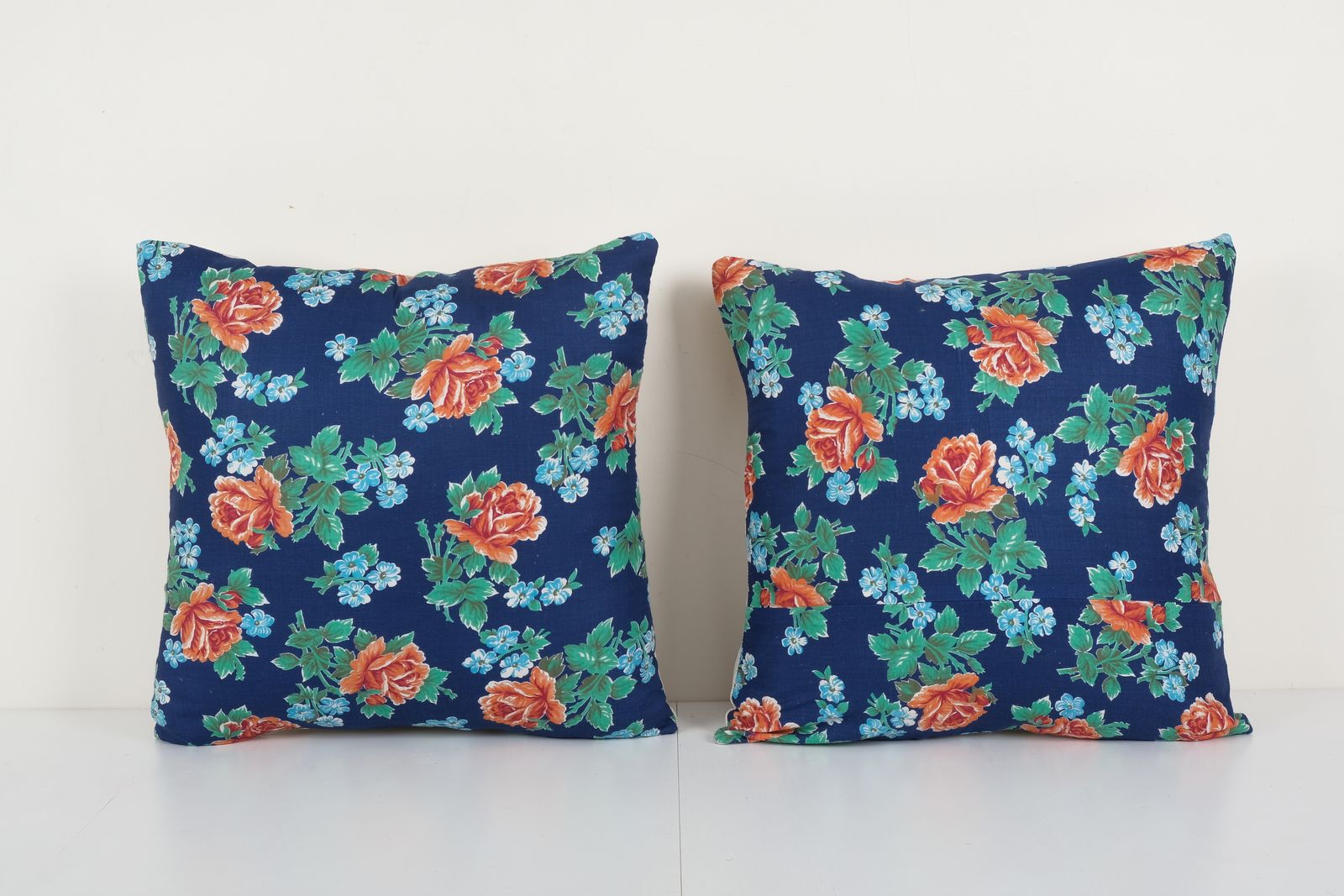 Set Floral Pillow Cases Made From Mid 20th Century Uzbek Cotton Printed Textile, 1960s