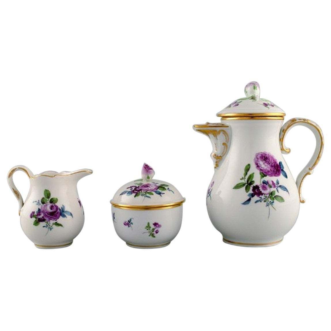 Meissen Coffee Pot, Sugar Bowl And Cream Jug With Hand Painted Flowers
