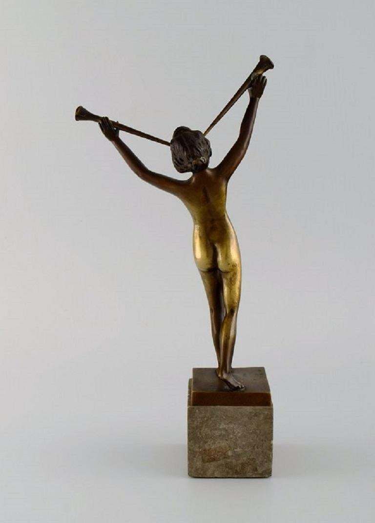 Art Deco Bronze Sculpture On A Marble Base, Lur Blowing Nude Woman, 1920s / 30s photo for sale