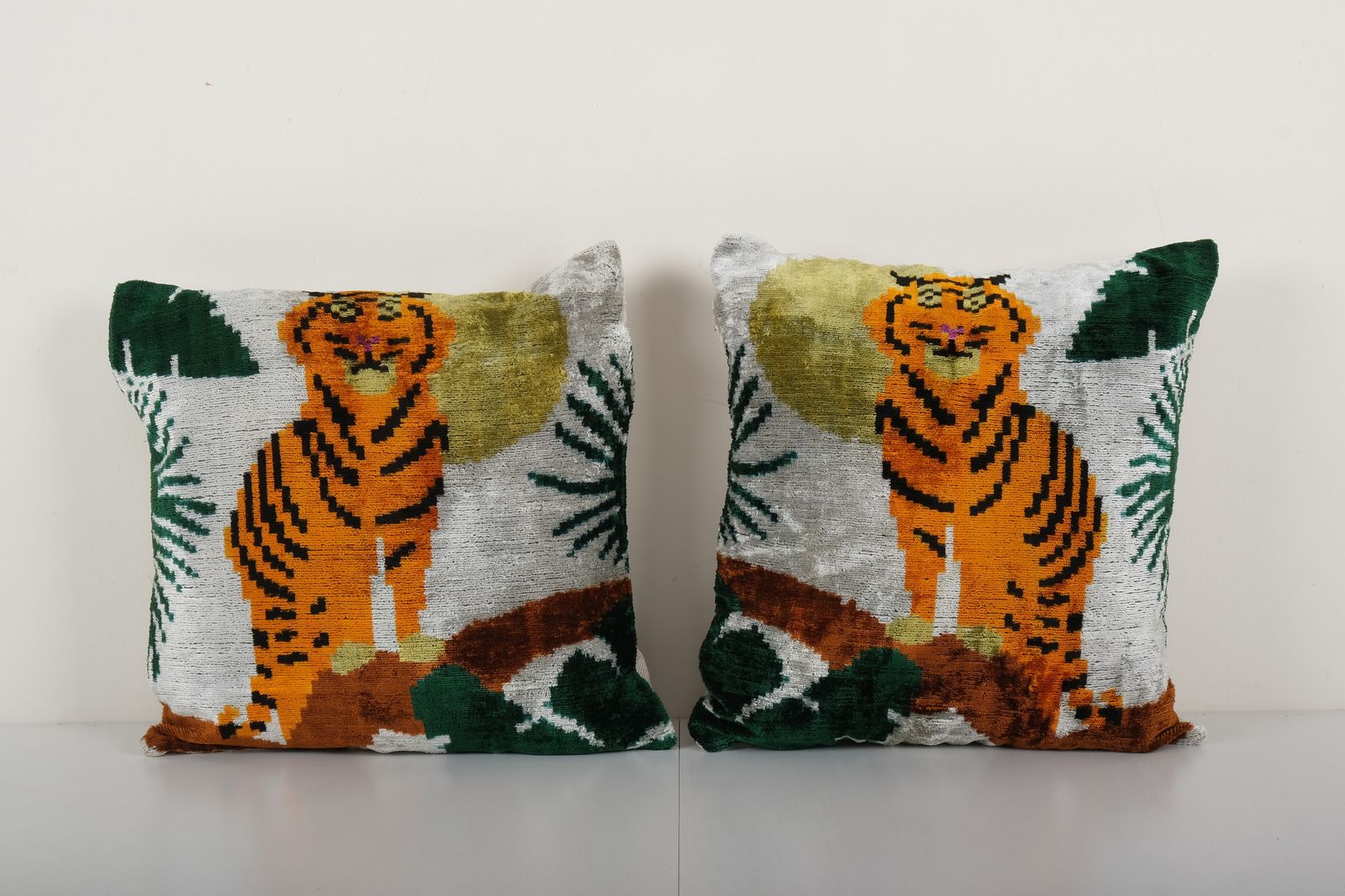 Square Tiger Ikat Velvet Pillow, Pair Animal Silk Cushion Cover, Set Boho Pillowcase 16'' X 16''