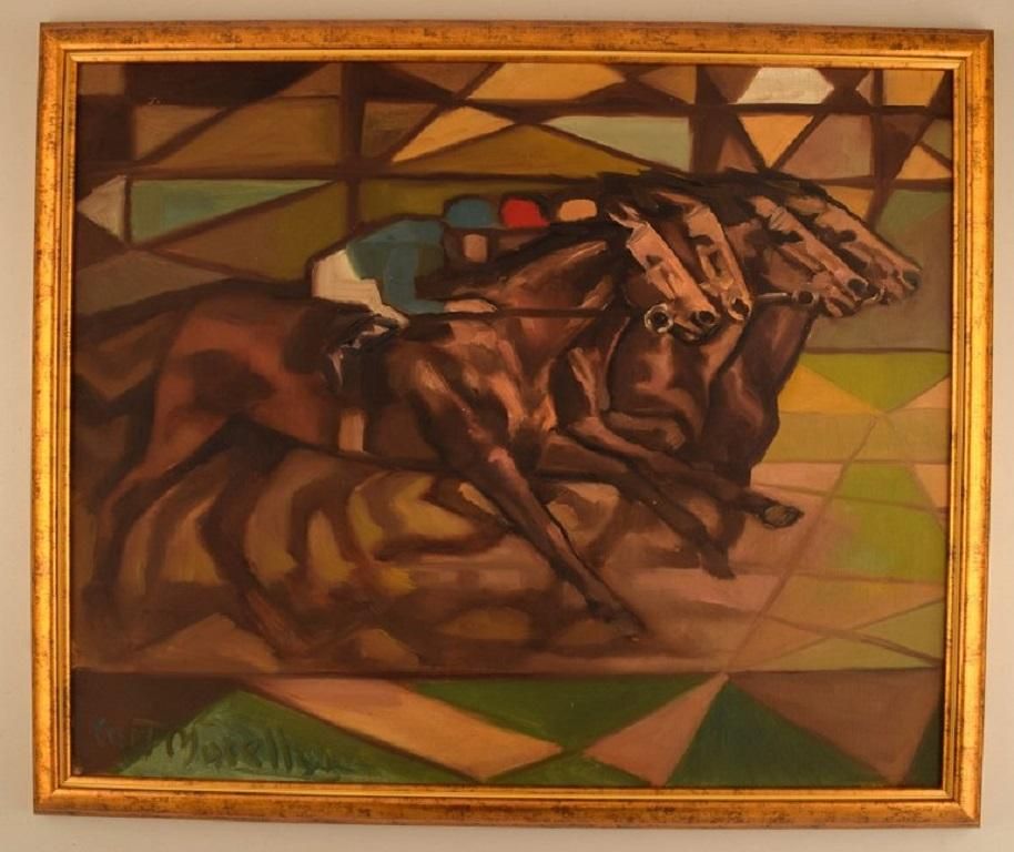 Curt Macell Listed Swedish Artist Oil On Canvas Jockeys On Horseback