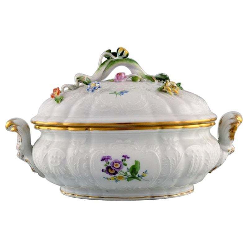 Meissen Porcelain Lidded Tureen With Hand Painted Flowers And Gold Edge