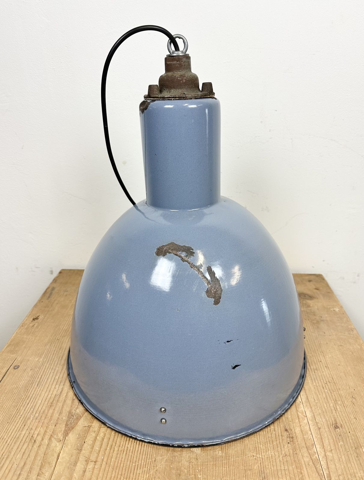 Bauhaus Blue Enamel Factory Pendant Lamp, 1950s photo vintage