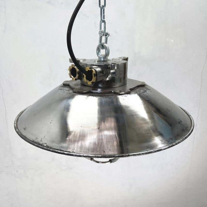 photo for sale 1980's Japanese Cast Steel Explosion Proof Pendant, Cage & Glass Shade, Large